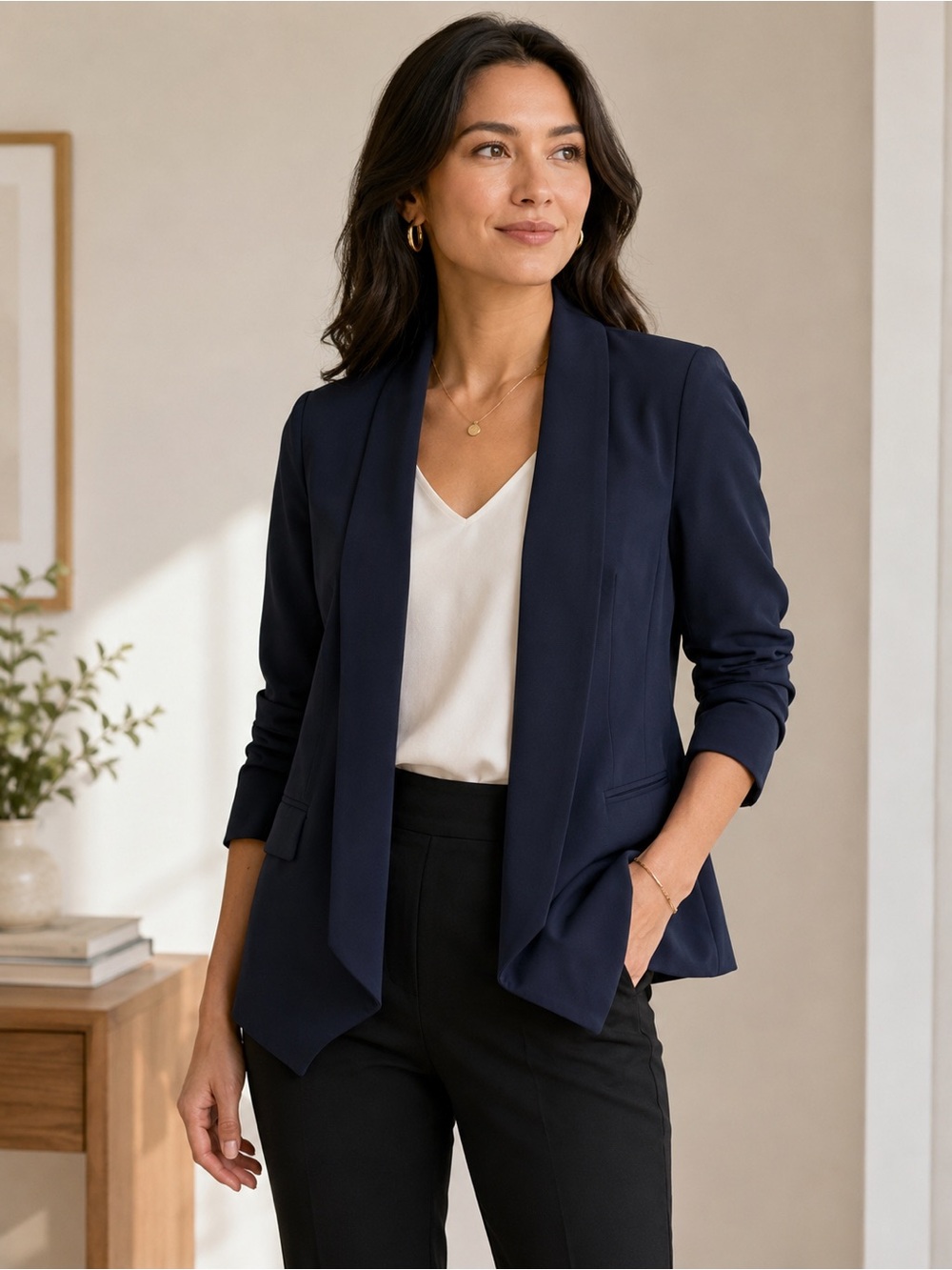 Quince Navy Stretch Crepe Open Front Blazer Size Large Career Office